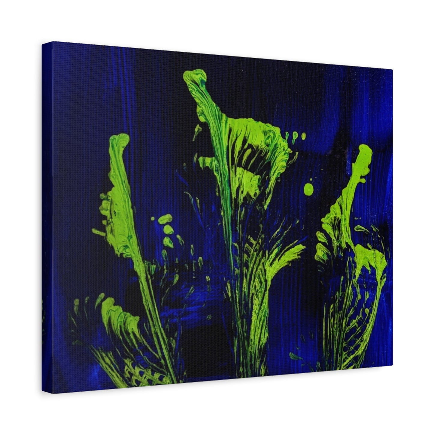 calla_lillies_pt.2 - Neon Floral Abstract Canvas Print — Blue & Lime Stretched Wall Art
