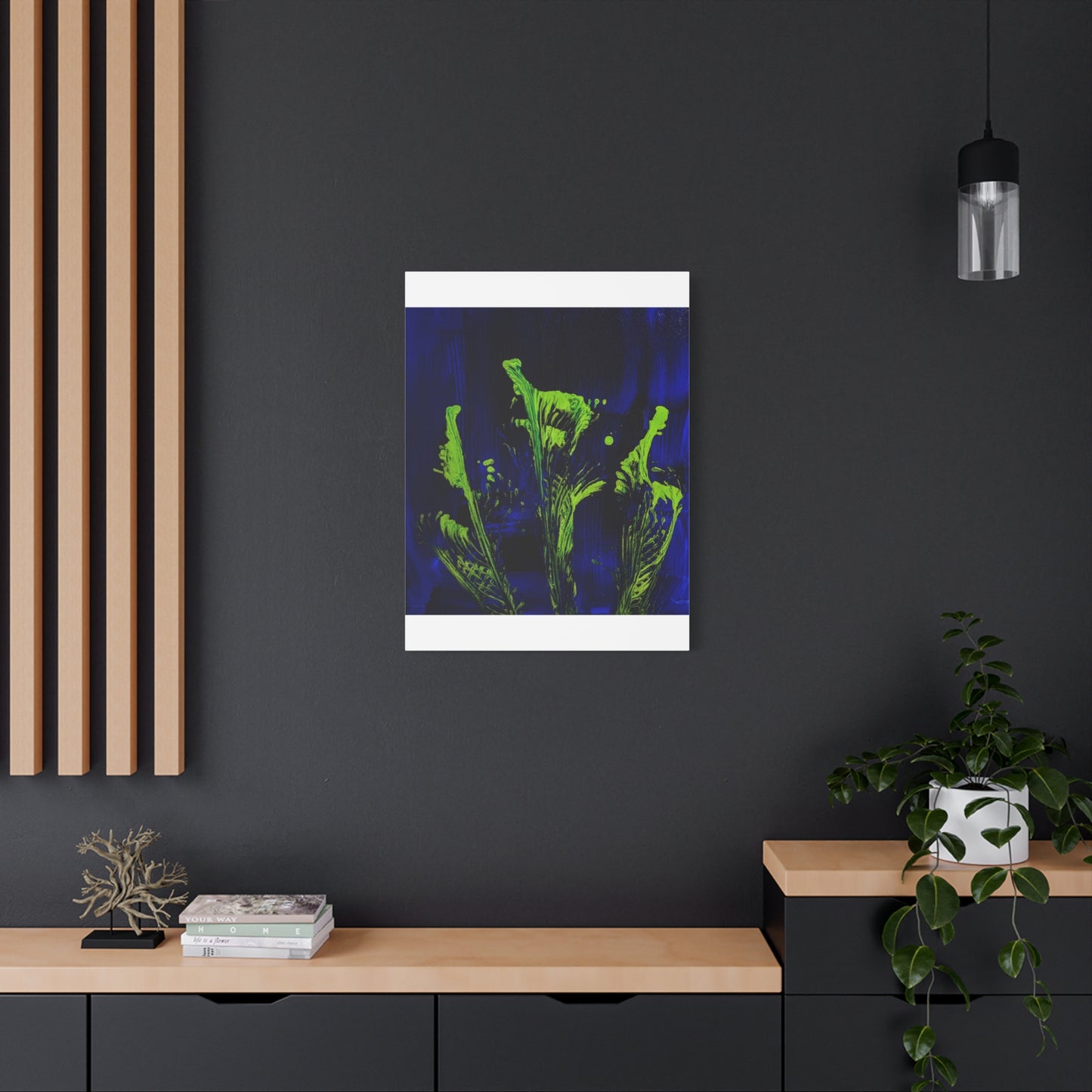 calla_lillies_pt.2 - Neon Floral Abstract Canvas Print — Blue & Lime Stretched Wall Art