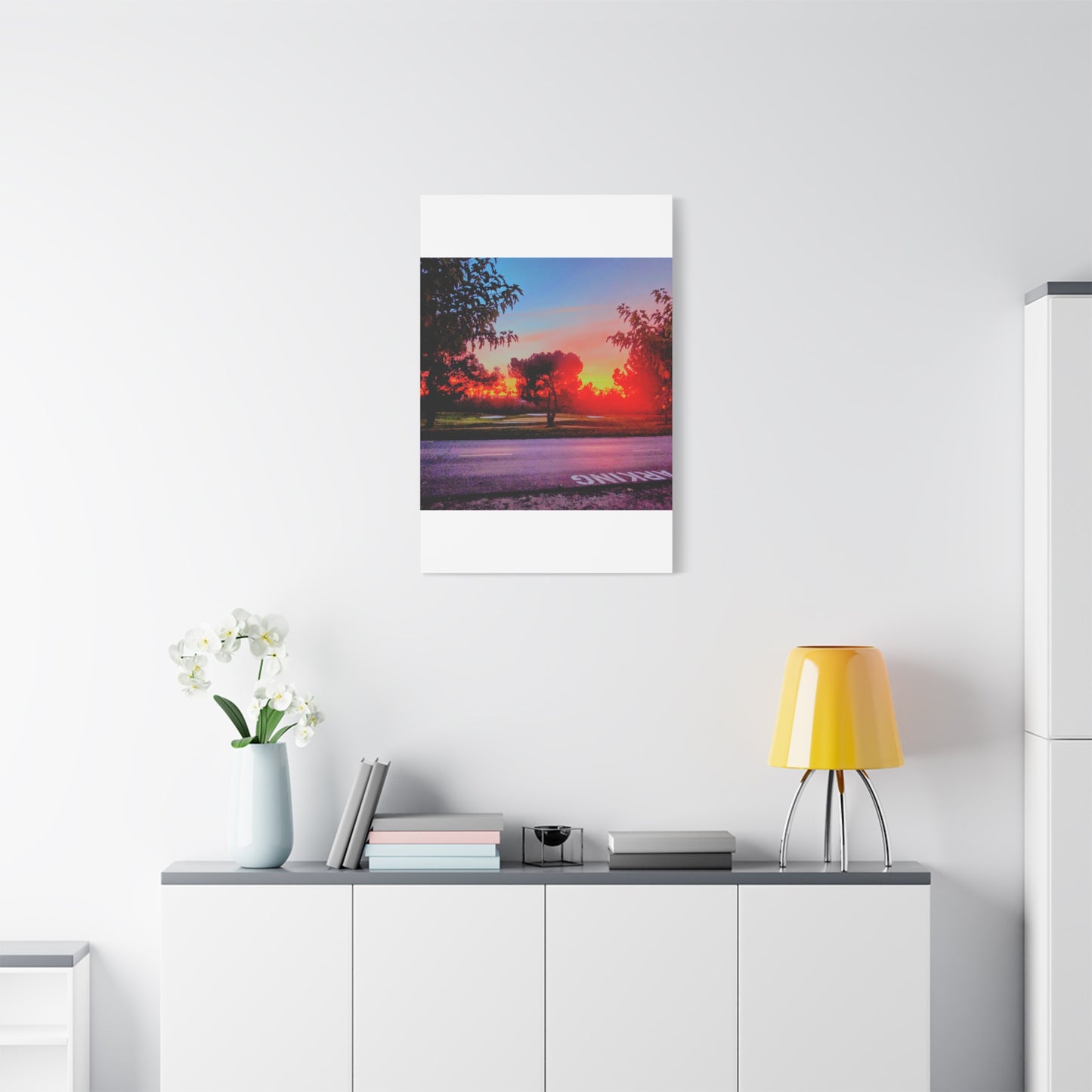 4th green @muni - Sunset Park Matte Canvas Print — Vibrant Red & Orange Landscape Wall Art