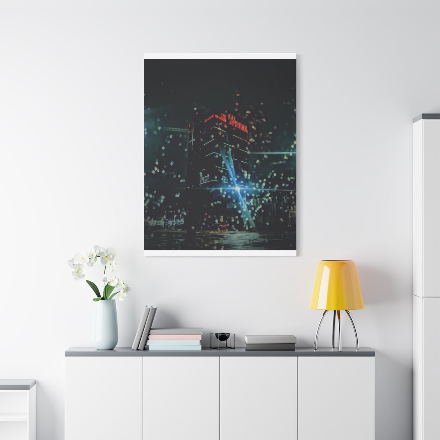 matrix @night Canvas Print — Moody Rainy Urban Wall Art (Matte Stretched)