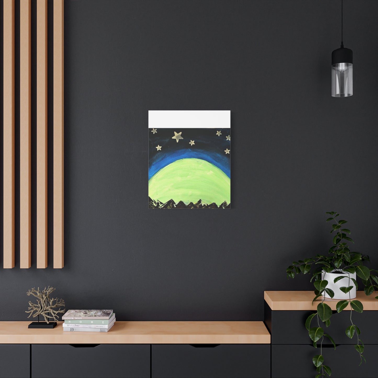 Green Moonrise Canvas Wall Art – Mountain Silhouette Nightscape
