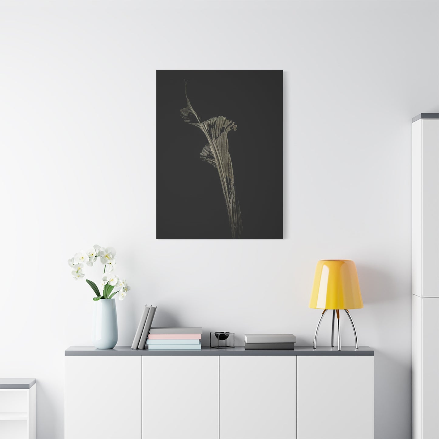 Calla Lilly - Minimalist Botanical Canvas Print — Monochrome Flower Art on Black Matte