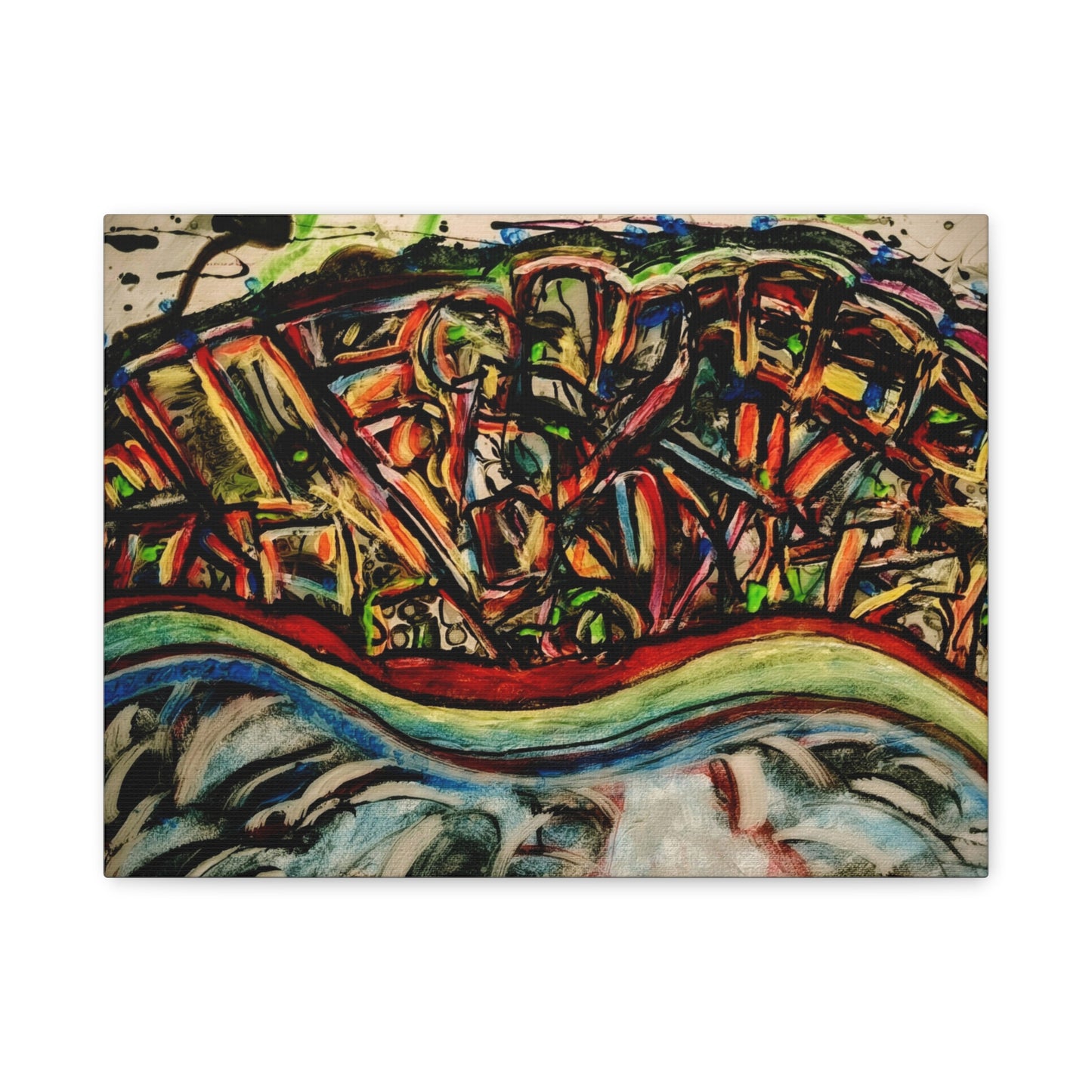 Acrylic_inequalities - Abstract Coastal Cityscape Canvas — Vibrant Ocean Wave Wall Art