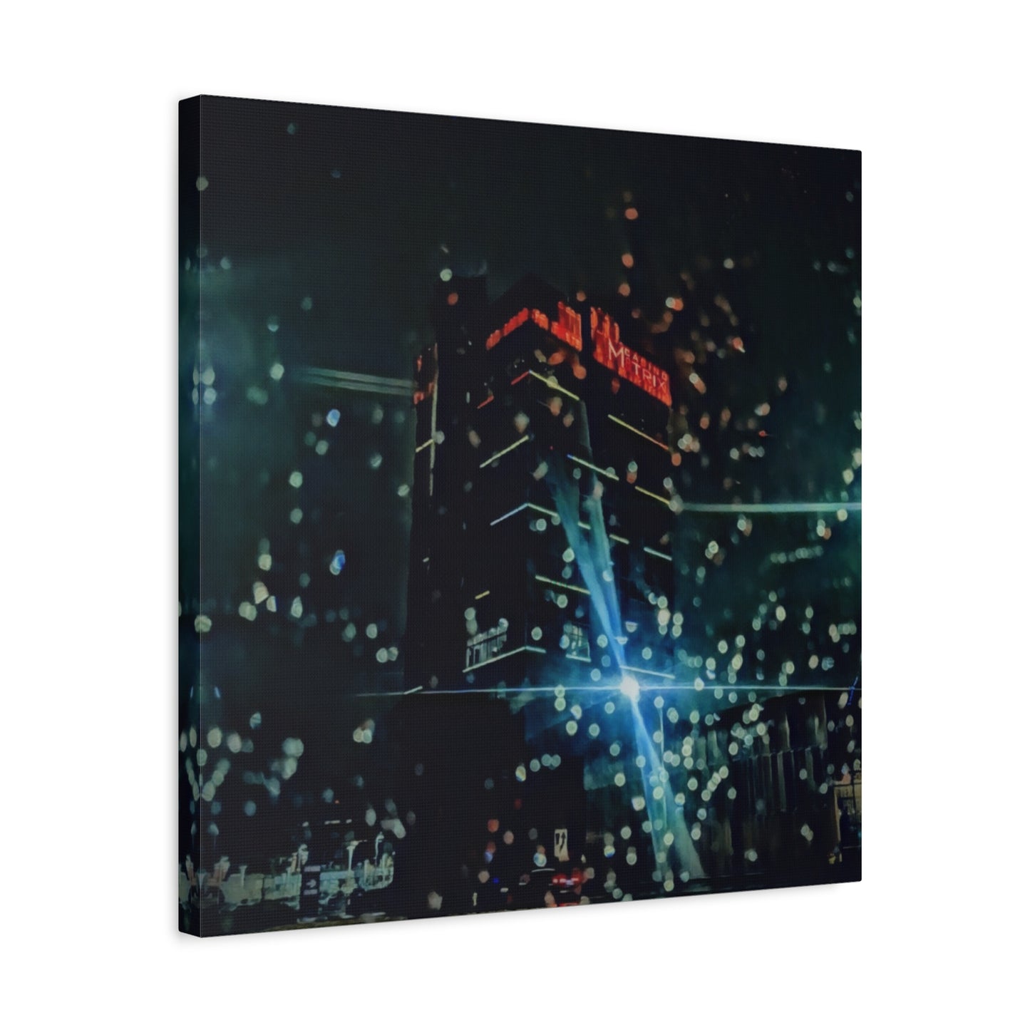 matrix @night Canvas Print — Moody Rainy Urban Wall Art (Matte Stretched)