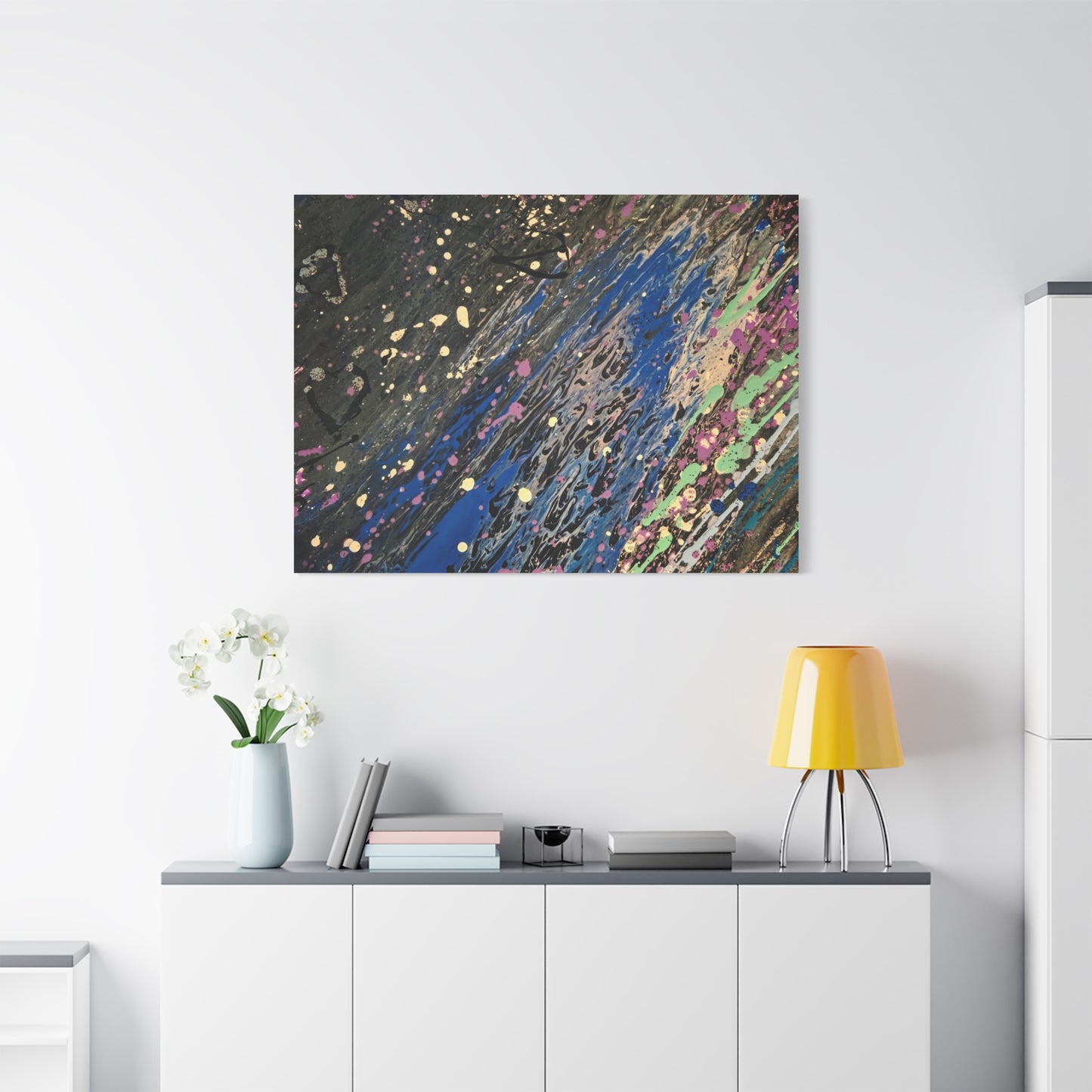 Abstract Splatter Matte Canvas Print — Colorful Fluid Art Wall Decor, Stretched 1.25"