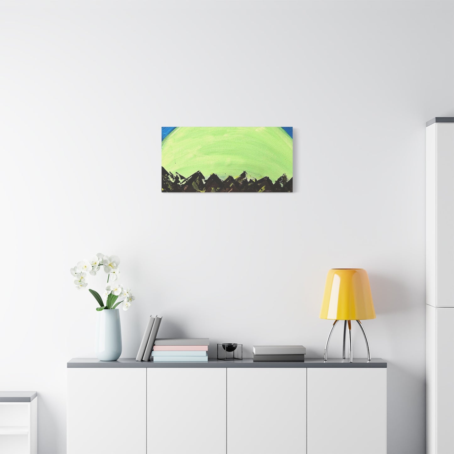 Green Moonrise Canvas Wall Art – Mountain Silhouette Nightscape