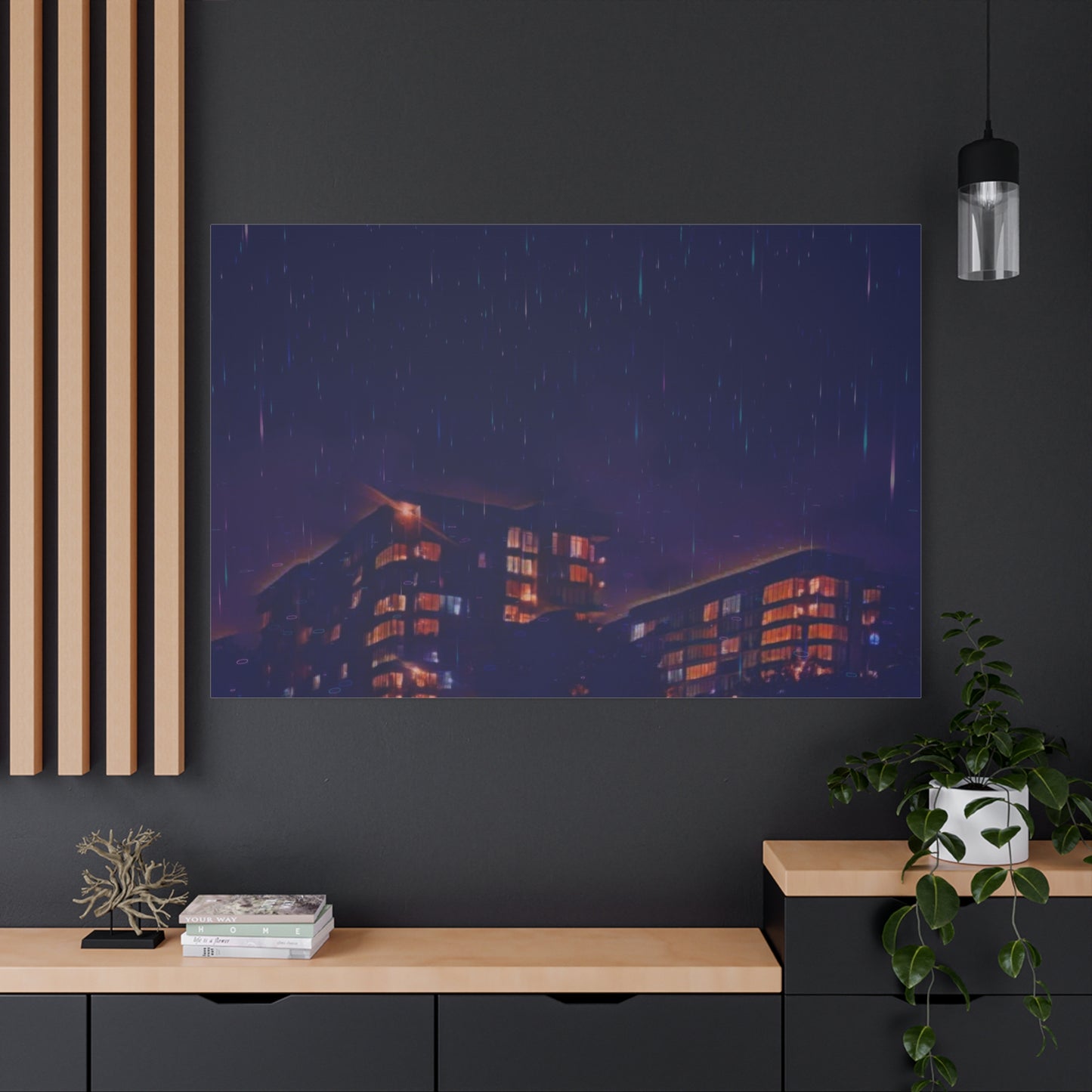 Neon Percipitation @ night - Canvas Print — Moody Urban Wall Art