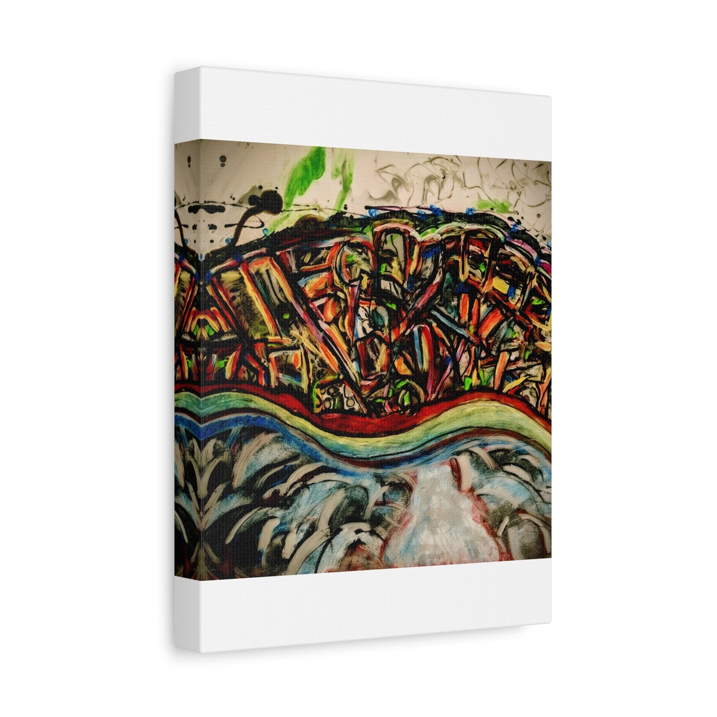 Acrylic_inequalities - Abstract Coastal Cityscape Canvas — Vibrant Ocean Wave Wall Art