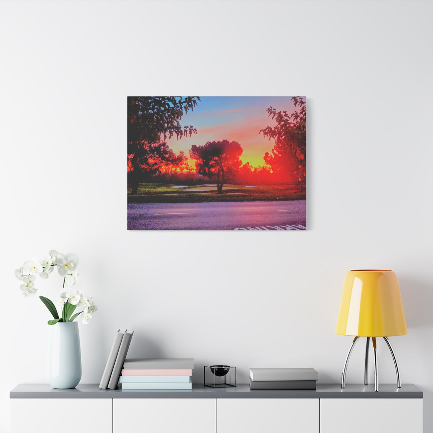 4th green @muni - Sunset Park Matte Canvas Print — Vibrant Red & Orange Landscape Wall Art
