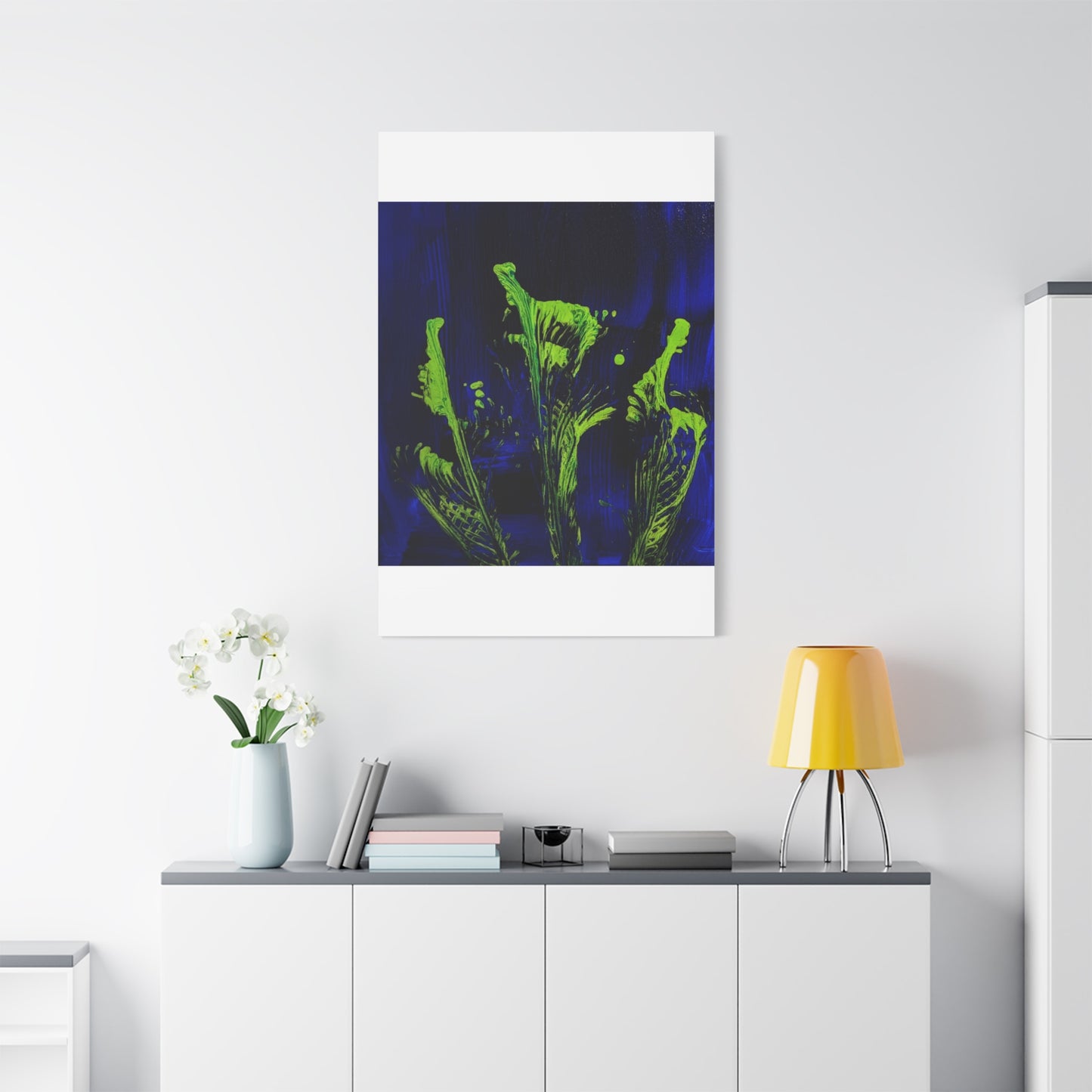 calla_lillies_pt.2 - Neon Floral Abstract Canvas Print — Blue & Lime Stretched Wall Art