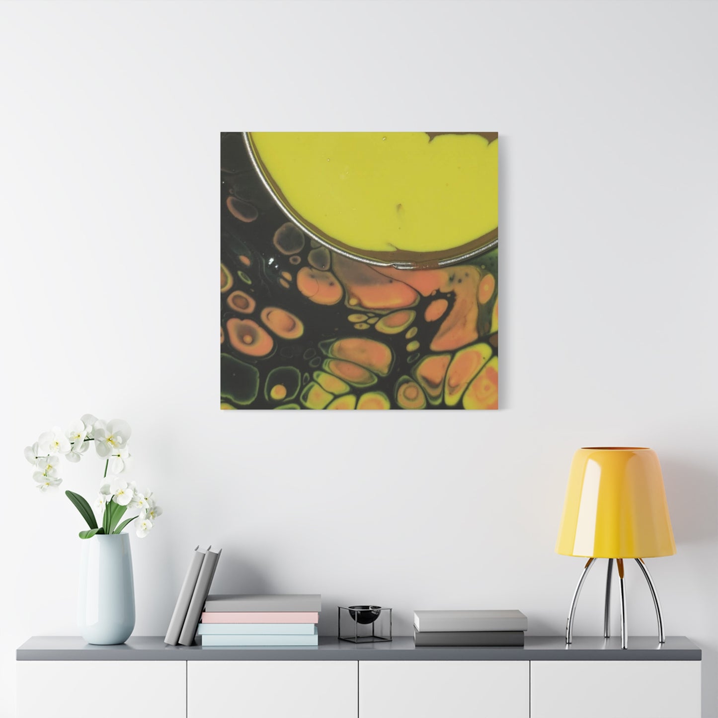 Abstract Fluid Art Canvas Print — Yellow & Black Cell Pour