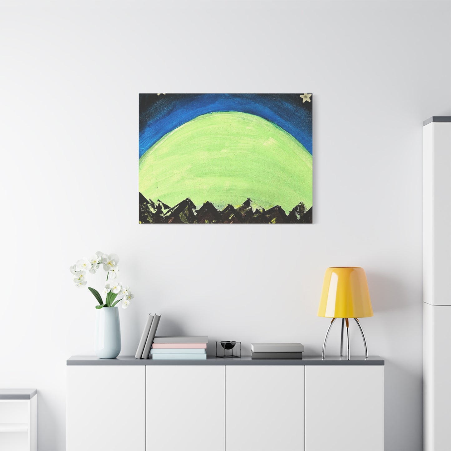Green Moonrise Canvas Wall Art – Mountain Silhouette Nightscape