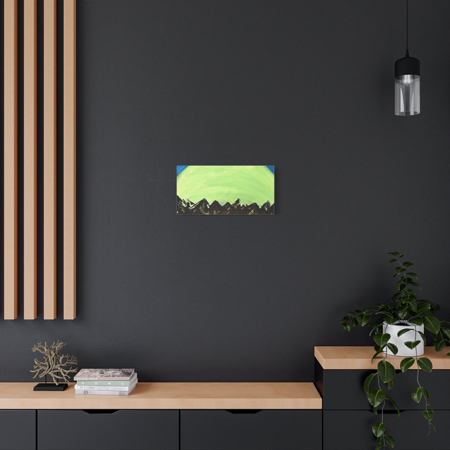 Green Moonrise Canvas Wall Art – Mountain Silhouette Nightscape