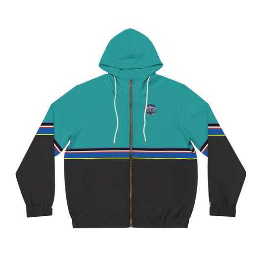 shark_city :: Teal & Black Stripe Zip Hoodie with Minimal Leaf Logo