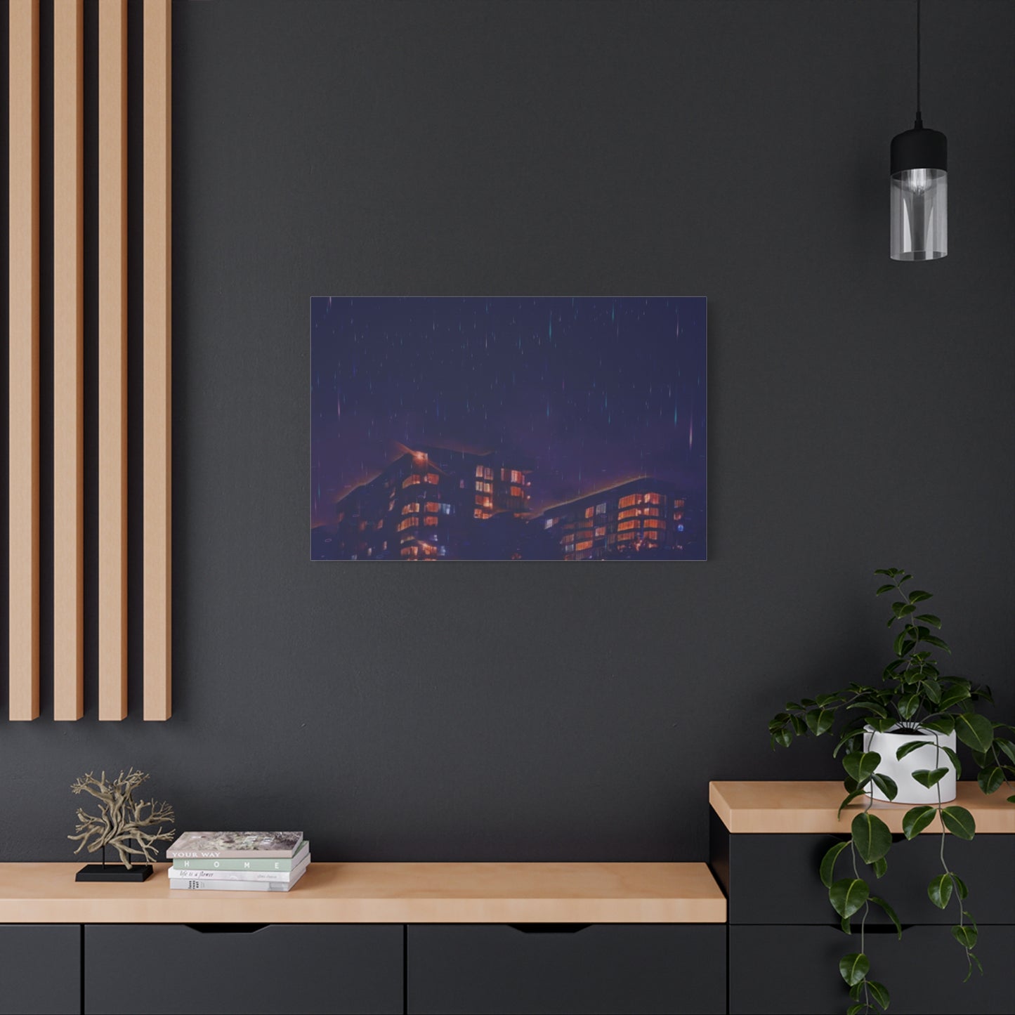 Neon Percipitation @ night - Canvas Print — Moody Urban Wall Art