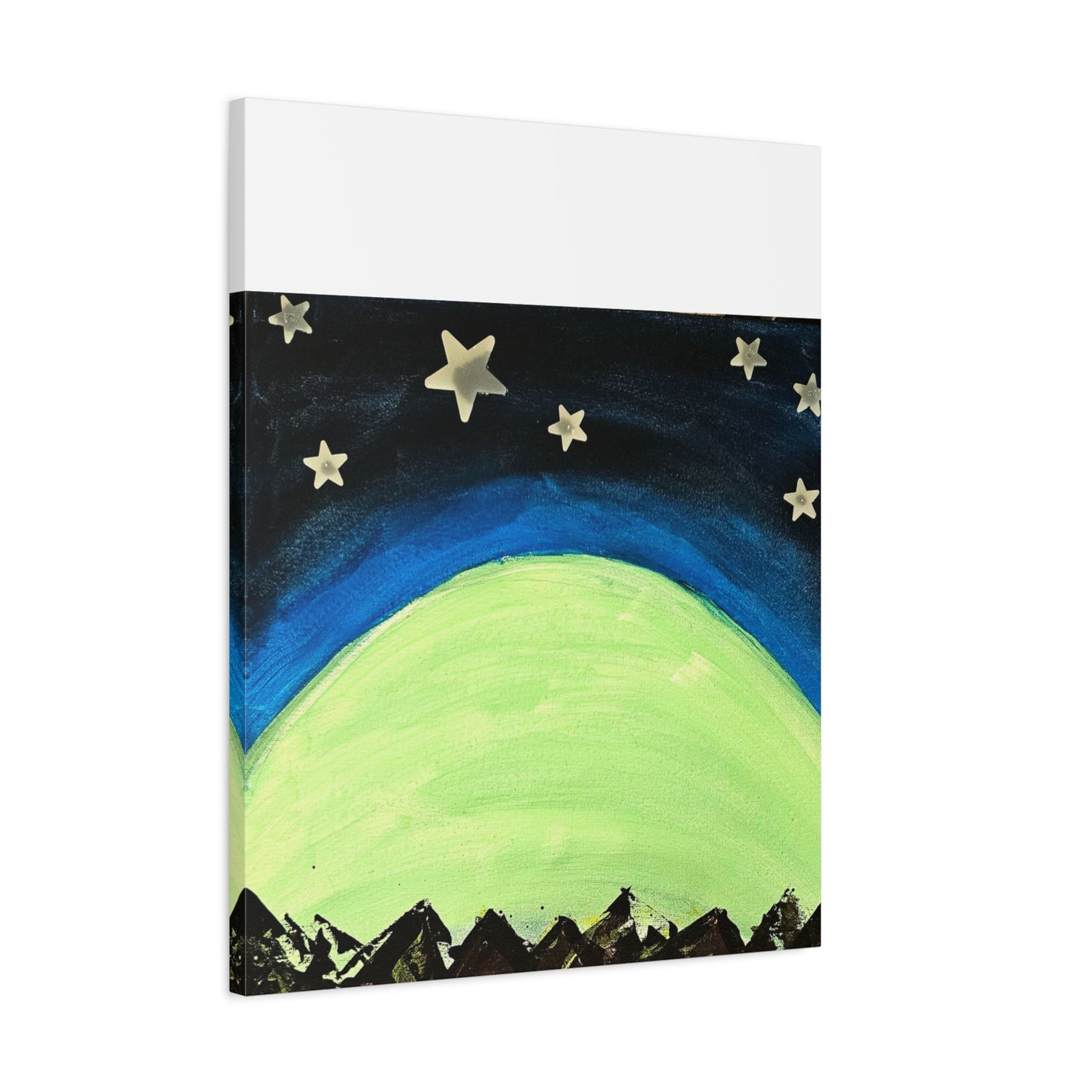 Green Moonrise Canvas Wall Art – Mountain Silhouette Nightscape