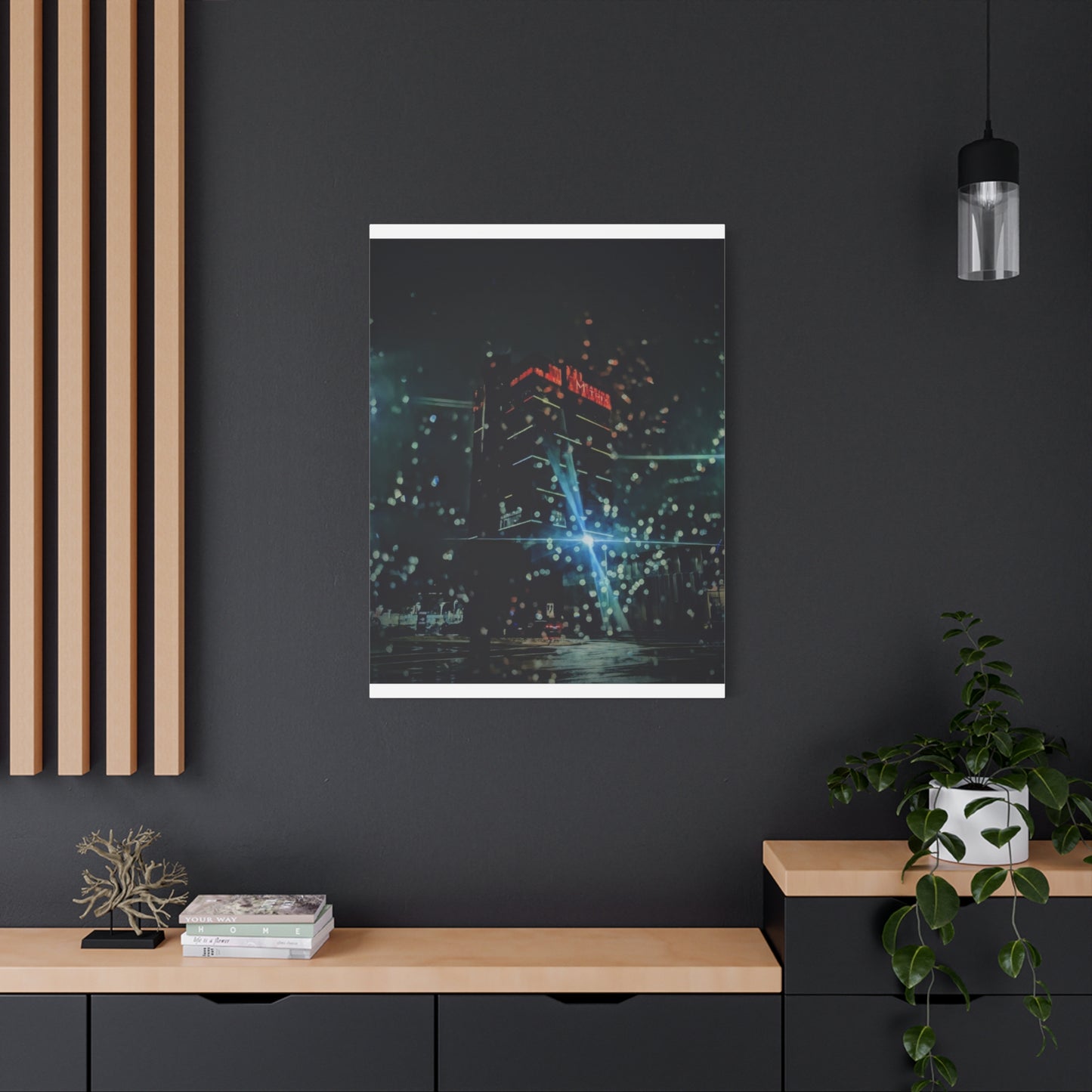 matrix @night Canvas Print — Moody Rainy Urban Wall Art (Matte Stretched)