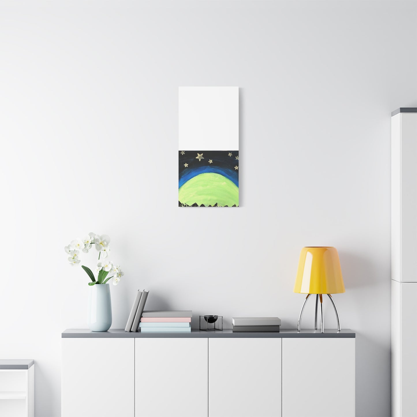 Green Moonrise Canvas Wall Art – Mountain Silhouette Nightscape
