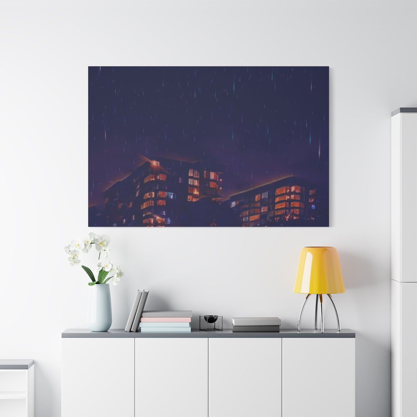 Neon Percipitation @ night - Canvas Print — Moody Urban Wall Art