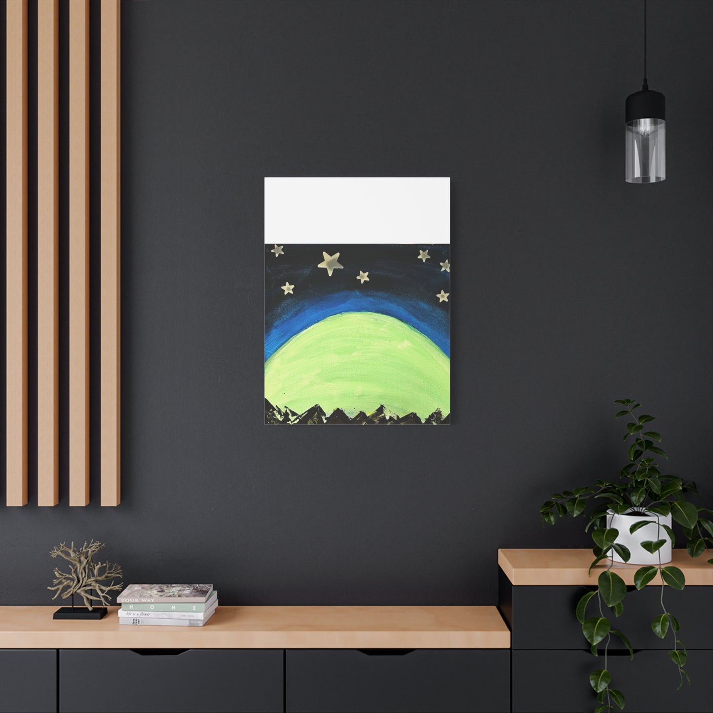 Green Moonrise Canvas Wall Art – Mountain Silhouette Nightscape