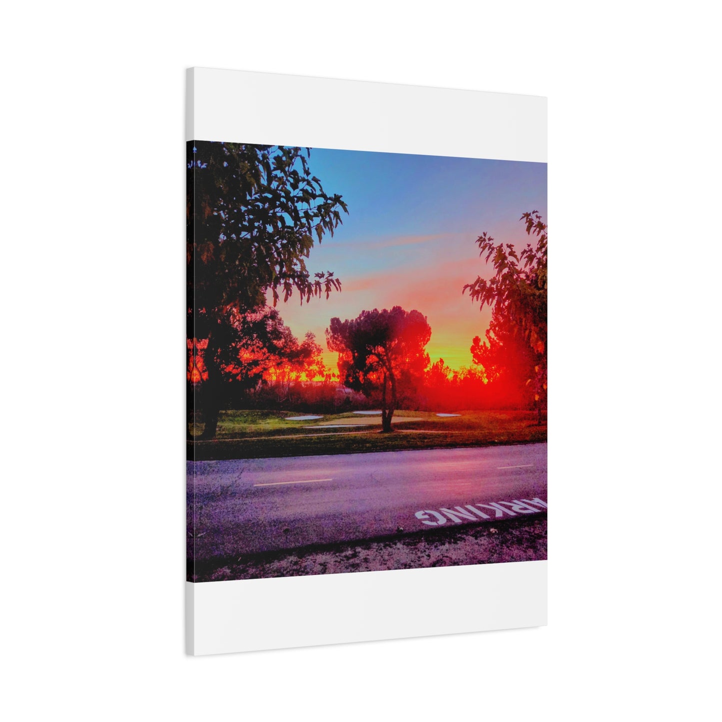 4th green @muni - Sunset Park Matte Canvas Print — Vibrant Red & Orange Landscape Wall Art