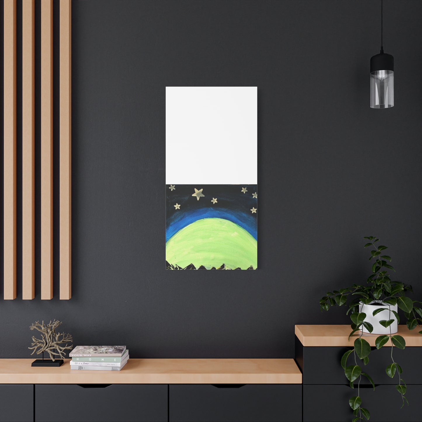 Green Moonrise Canvas Wall Art – Mountain Silhouette Nightscape