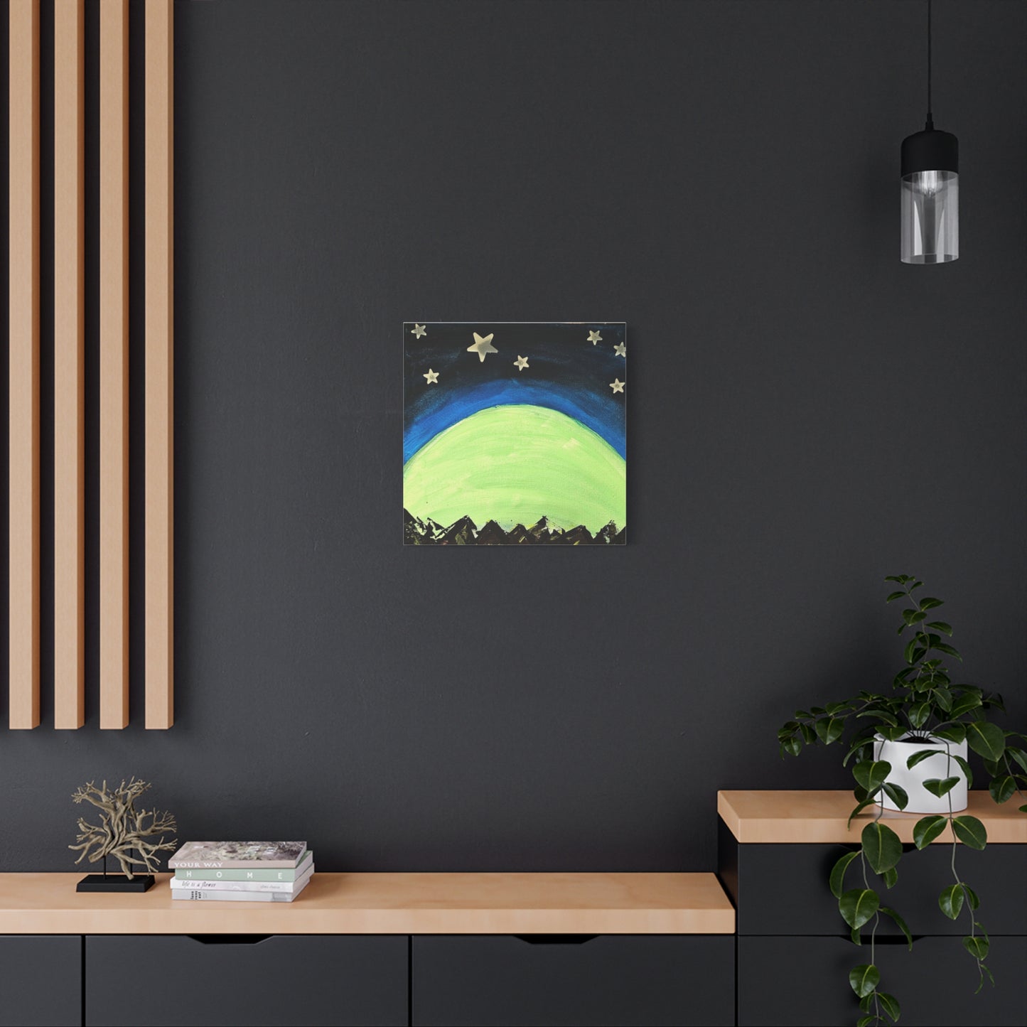 Green Moonrise Canvas Wall Art – Mountain Silhouette Nightscape