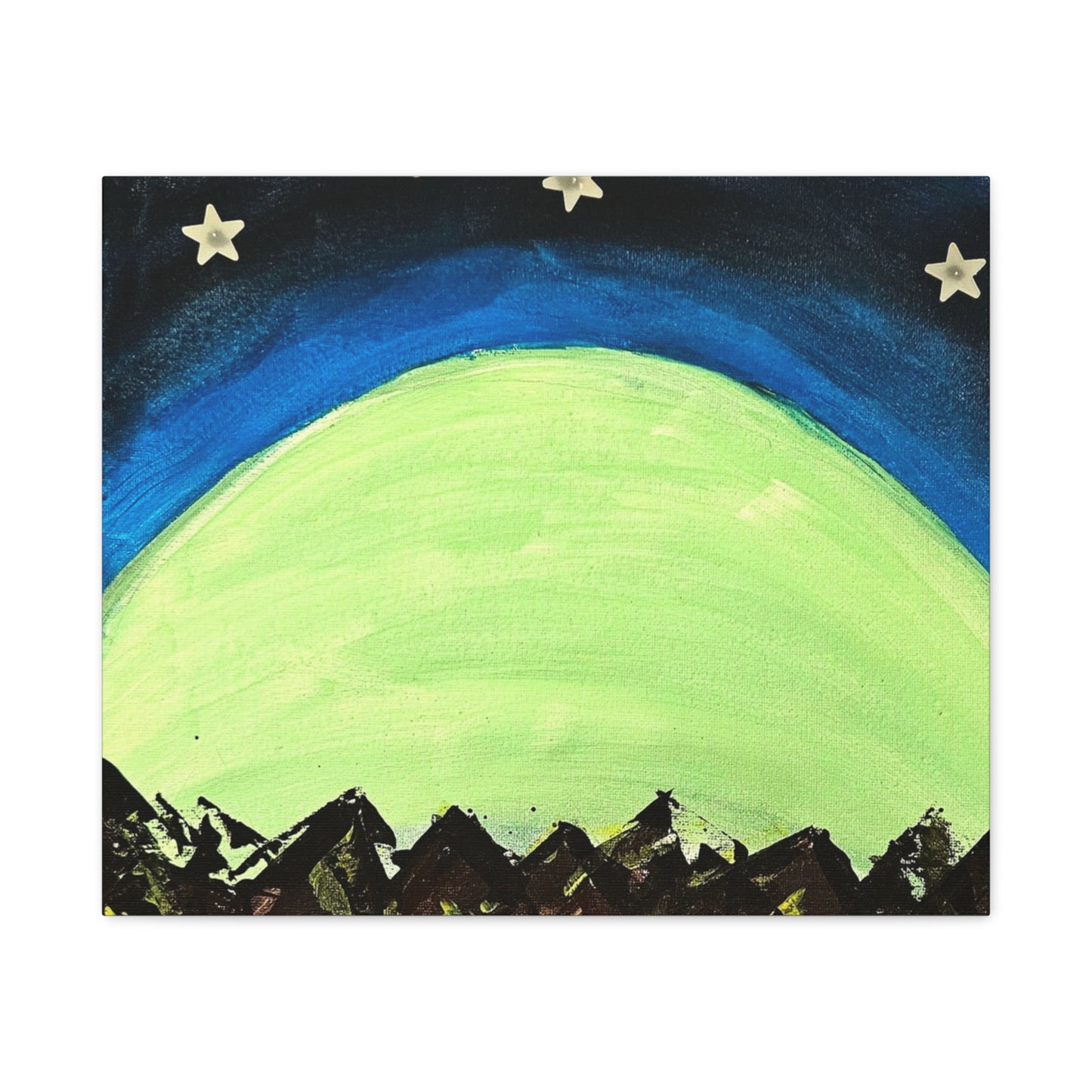 Green Moonrise Canvas Wall Art – Mountain Silhouette Nightscape