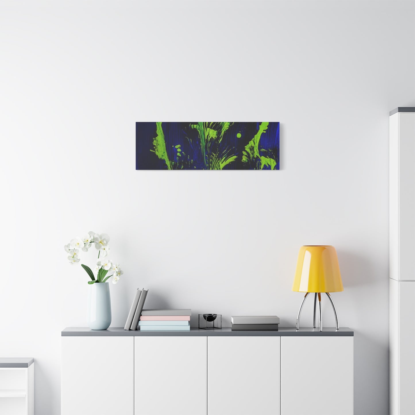 calla_lillies_pt.2 - Neon Floral Abstract Canvas Print — Blue & Lime Stretched Wall Art