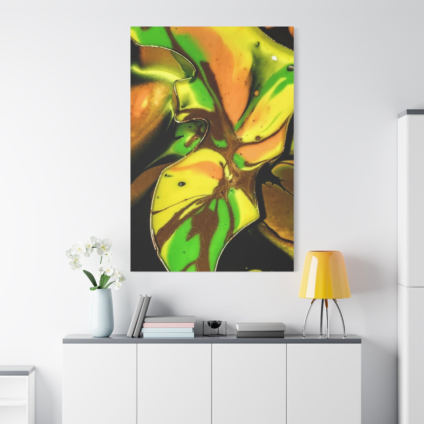 Abstract Green & Gold Fluid Art Matte Canvas Print (Stretched)