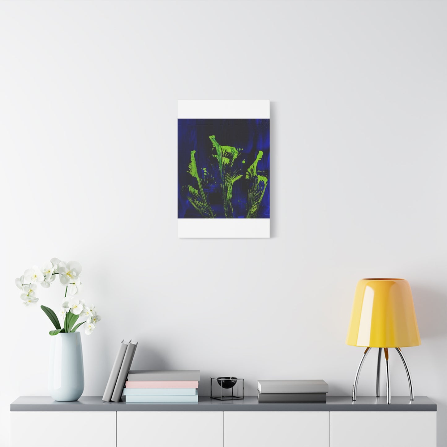 calla_lillies_pt.2 - Neon Floral Abstract Canvas Print — Blue & Lime Stretched Wall Art