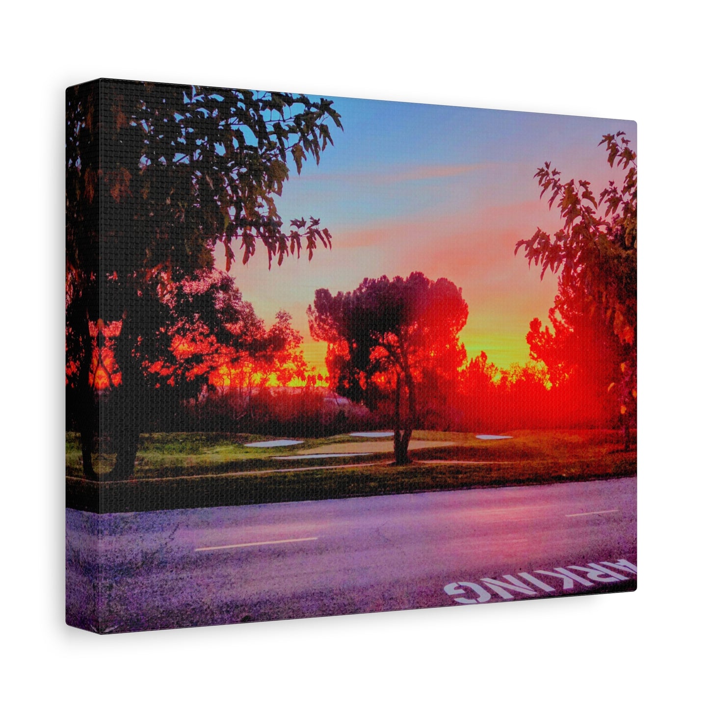 4th green @muni - Sunset Park Matte Canvas Print — Vibrant Red & Orange Landscape Wall Art