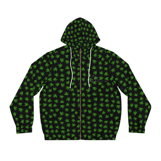 Men's Zip Hoodie — All-Over Green Cannabis Leaf Pattern
