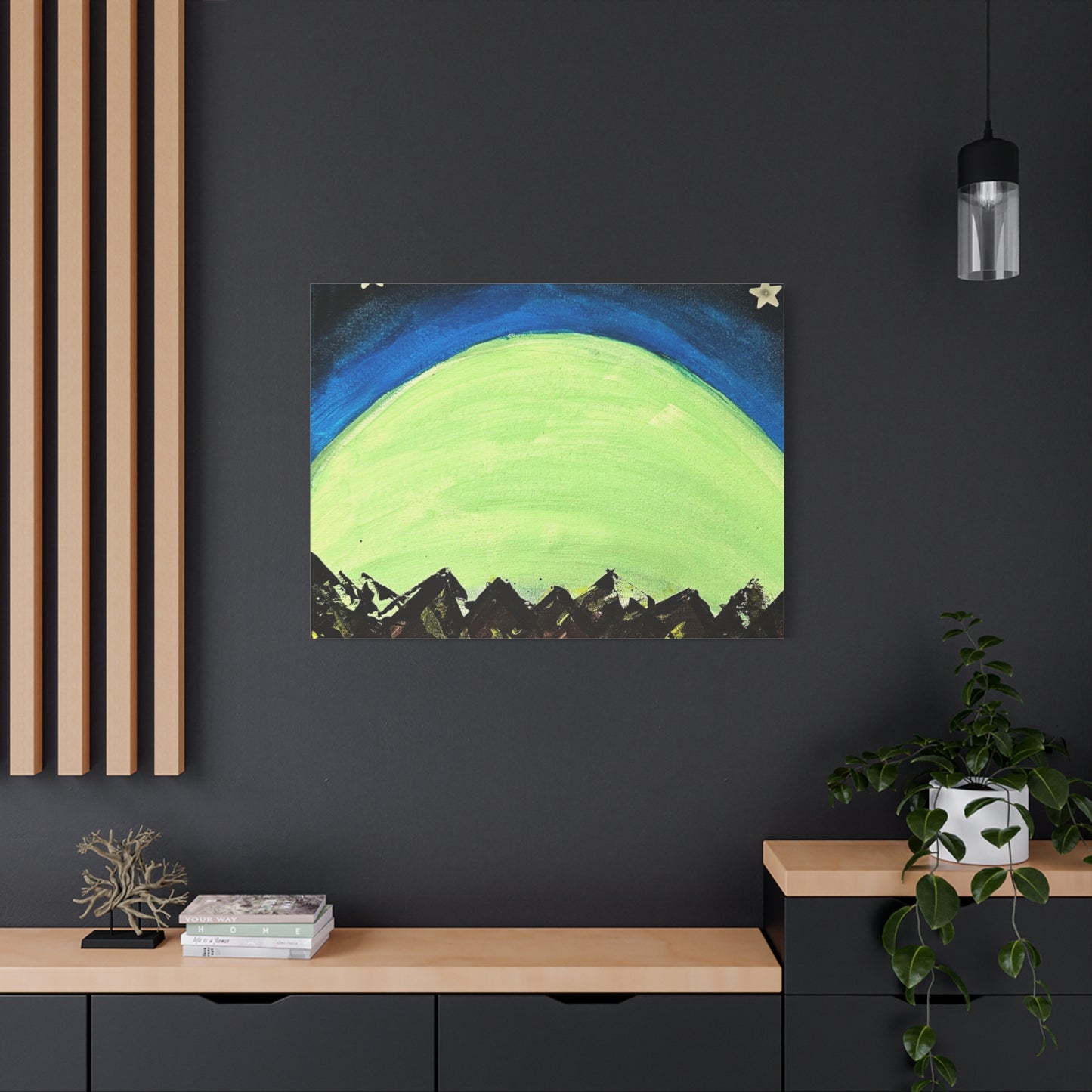 Green Moonrise Canvas Wall Art – Mountain Silhouette Nightscape