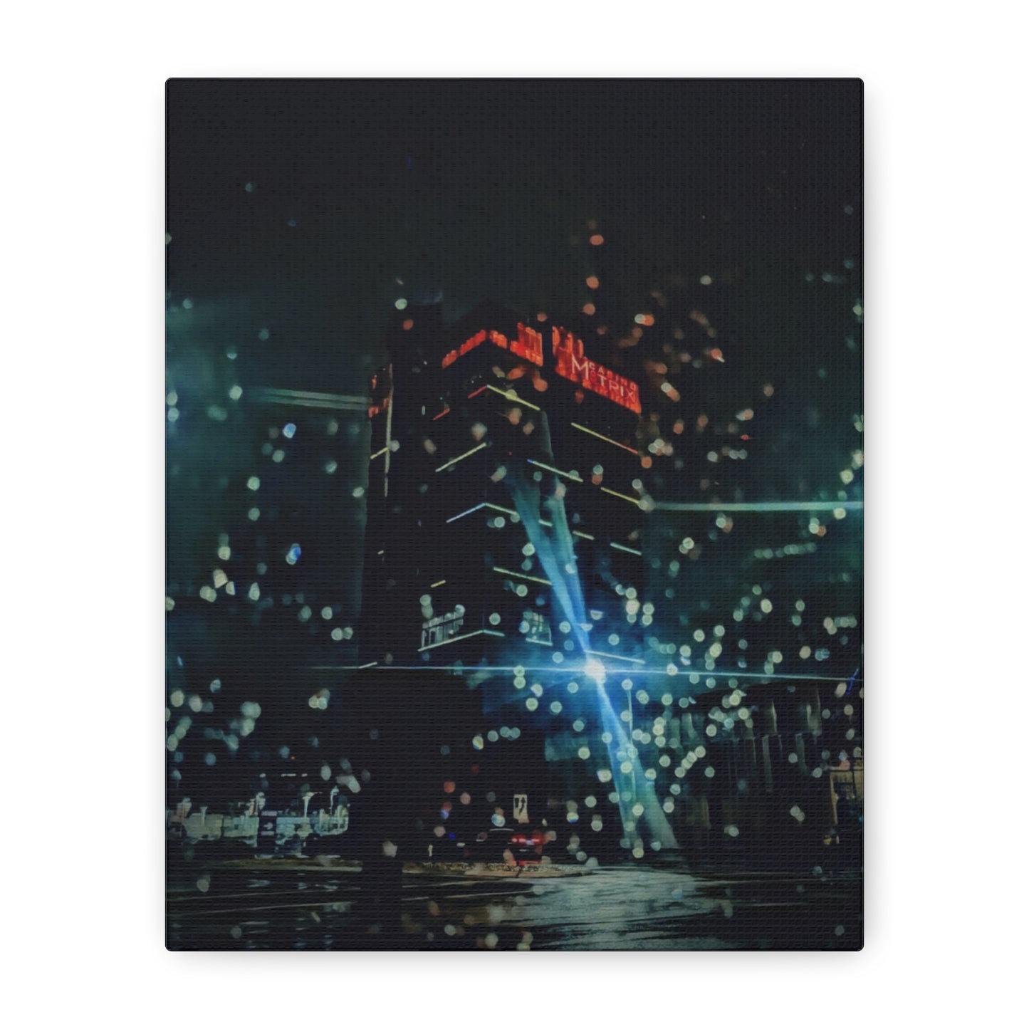 matrix @night Canvas Print — Moody Rainy Urban Wall Art (Matte Stretched)
