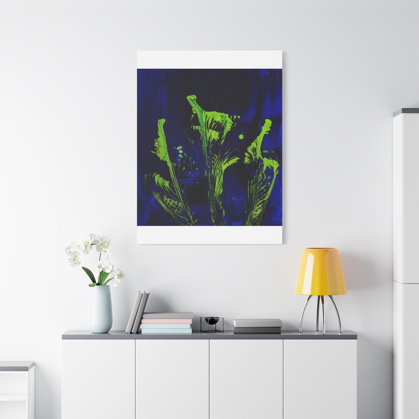 calla_lillies_pt.2 - Neon Floral Abstract Canvas Print — Blue & Lime Stretched Wall Art