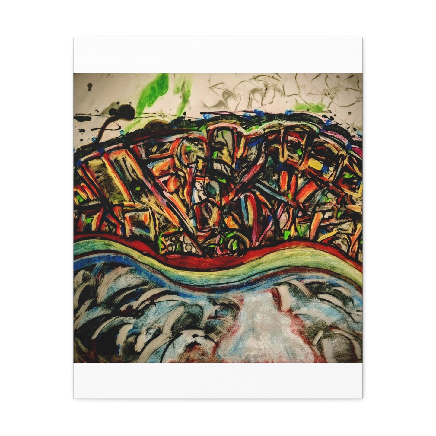 Acrylic_inequalities - Abstract Coastal Cityscape Canvas — Vibrant Ocean Wave Wall Art