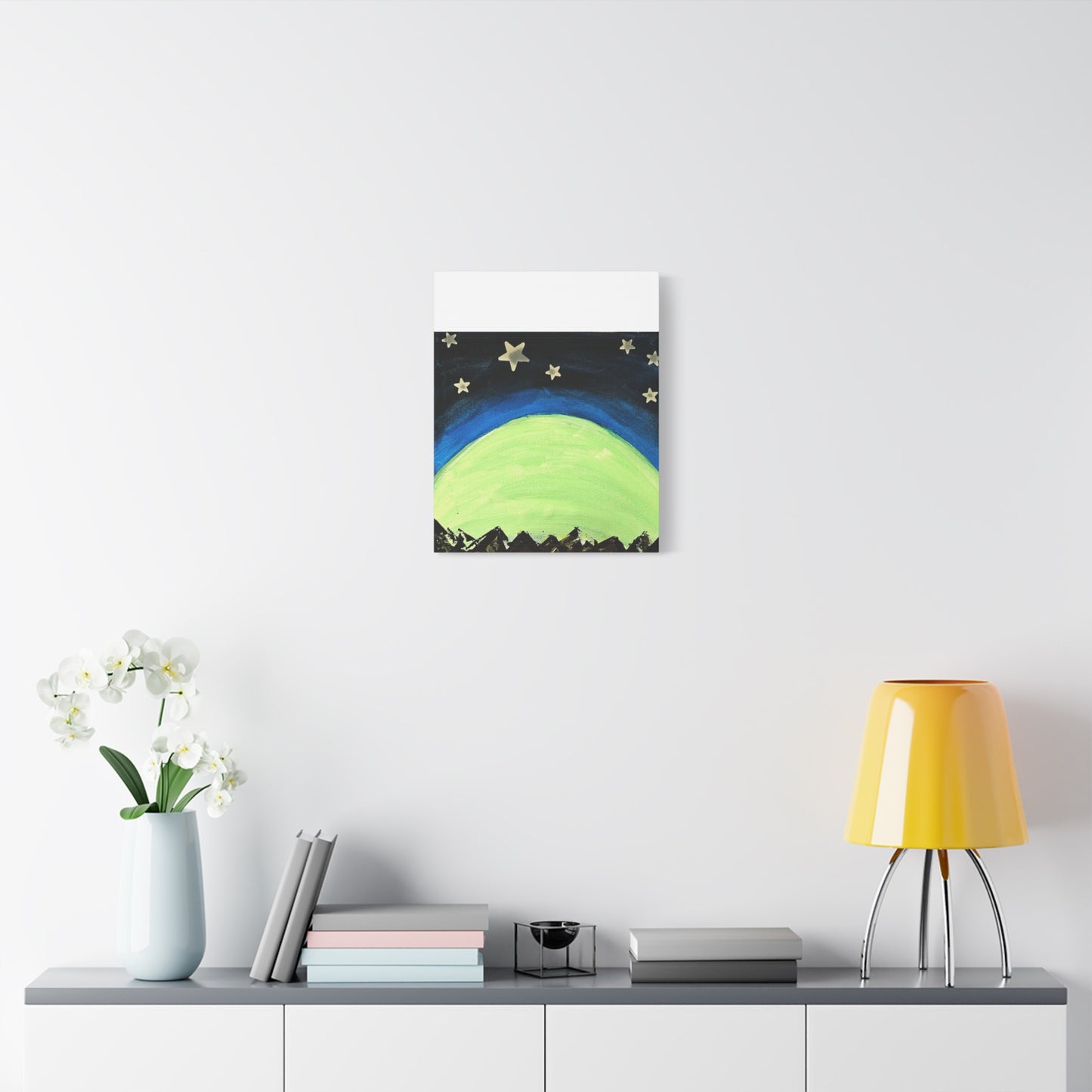 Green Moonrise Canvas Wall Art – Mountain Silhouette Nightscape