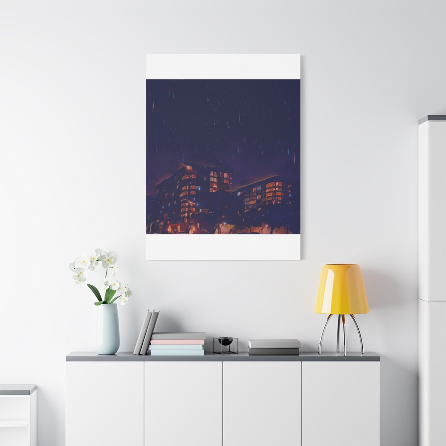 Neon Percipitation @ night - Canvas Print — Moody Urban Wall Art