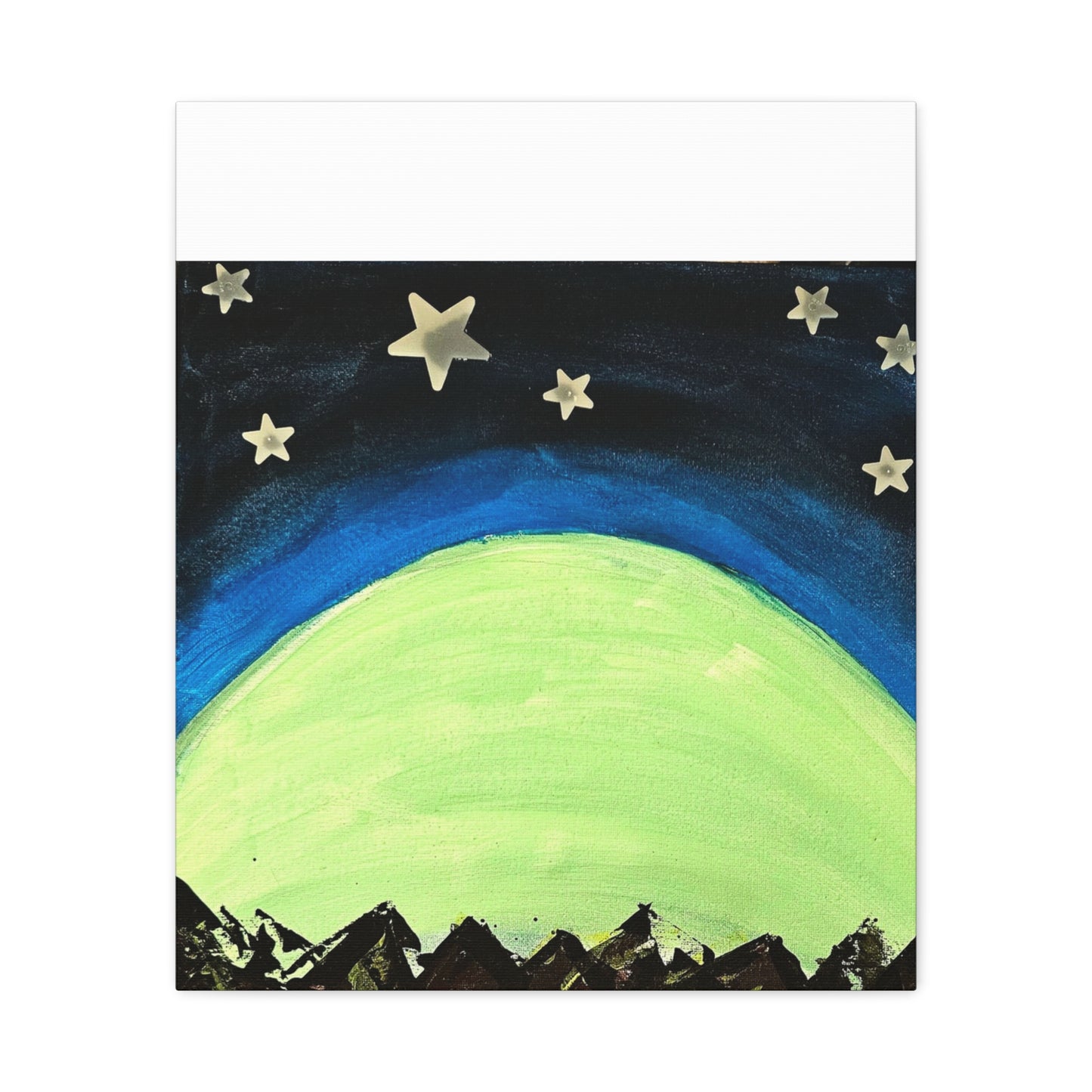 Green Moonrise Canvas Wall Art – Mountain Silhouette Nightscape