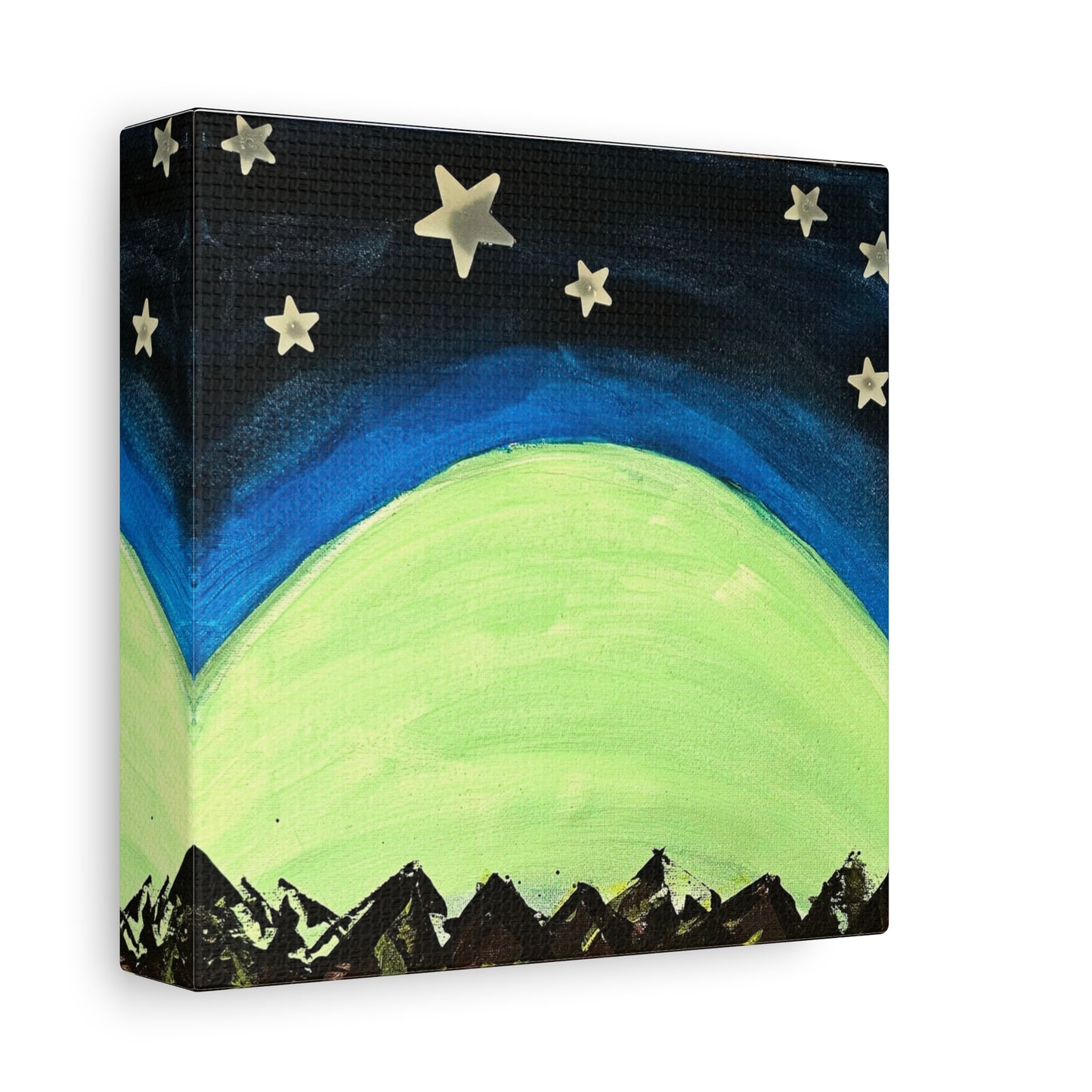 Green Moonrise Canvas Wall Art – Mountain Silhouette Nightscape