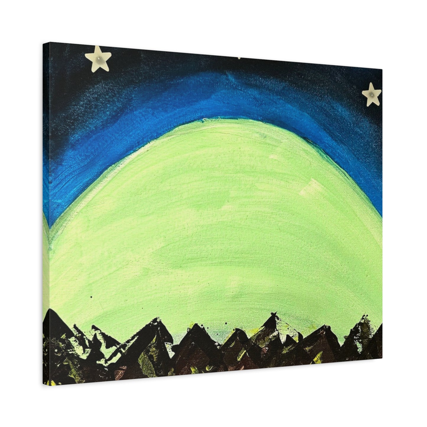 Green Moonrise Canvas Wall Art – Mountain Silhouette Nightscape