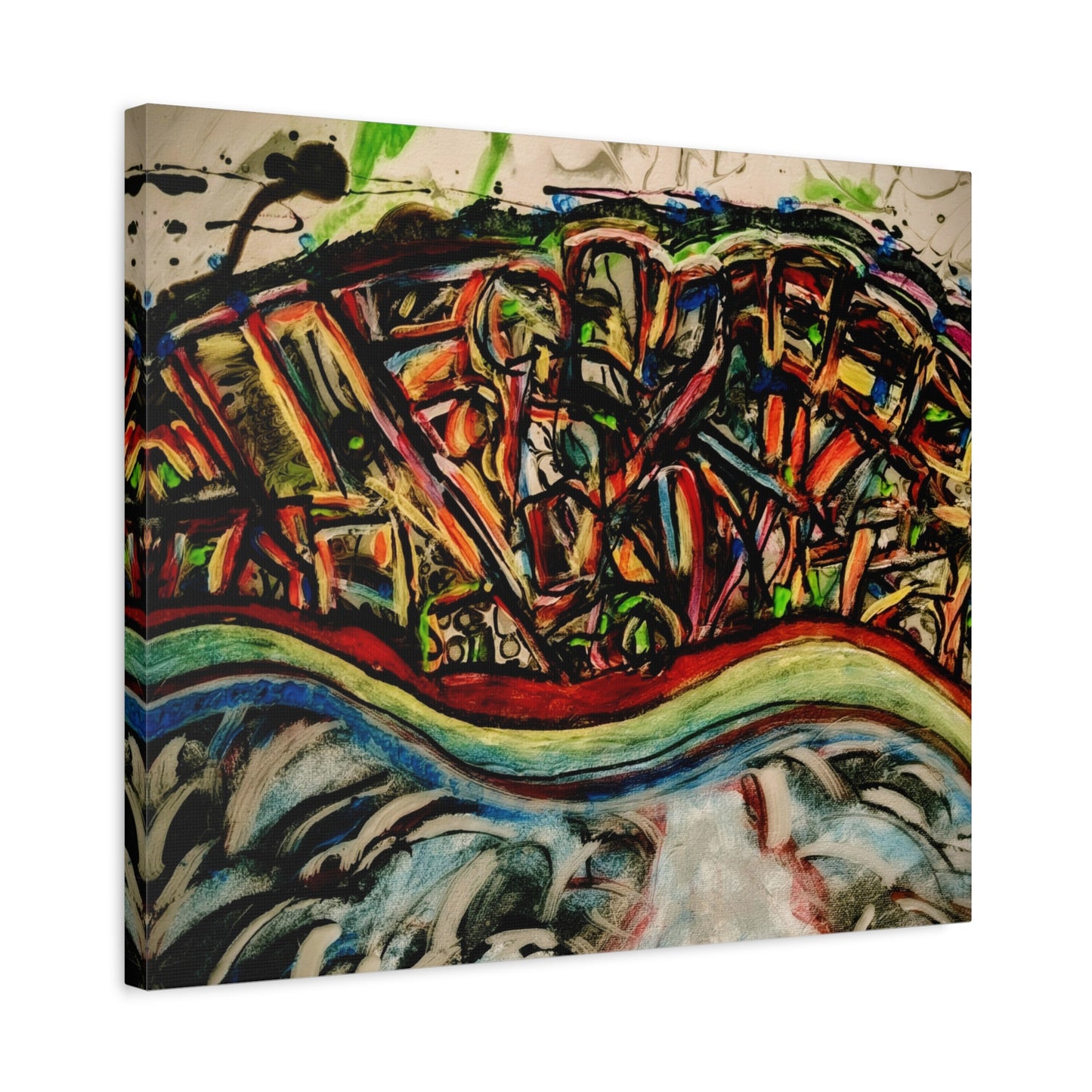 Acrylic_inequalities - Abstract Coastal Cityscape Canvas — Vibrant Ocean Wave Wall Art