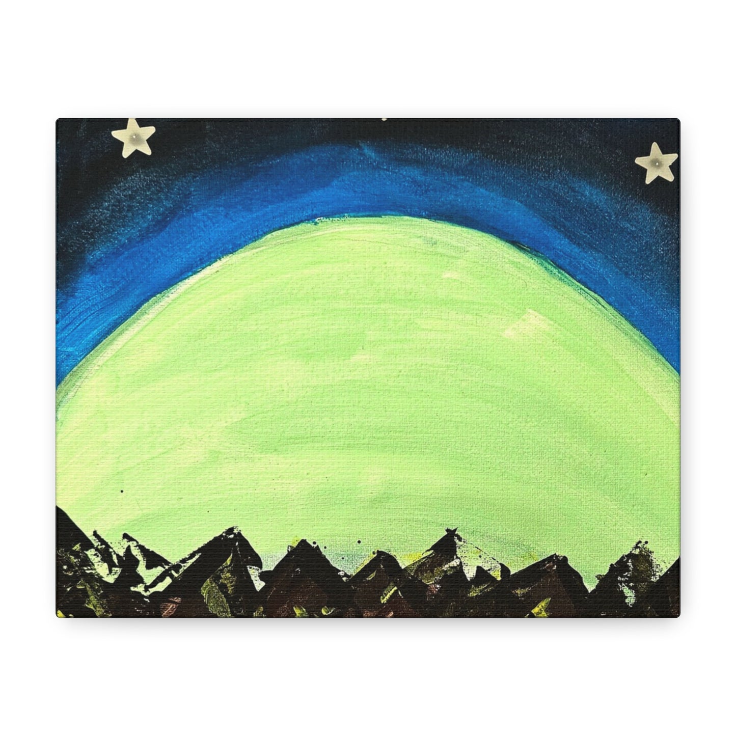 Green Moonrise Canvas Wall Art – Mountain Silhouette Nightscape