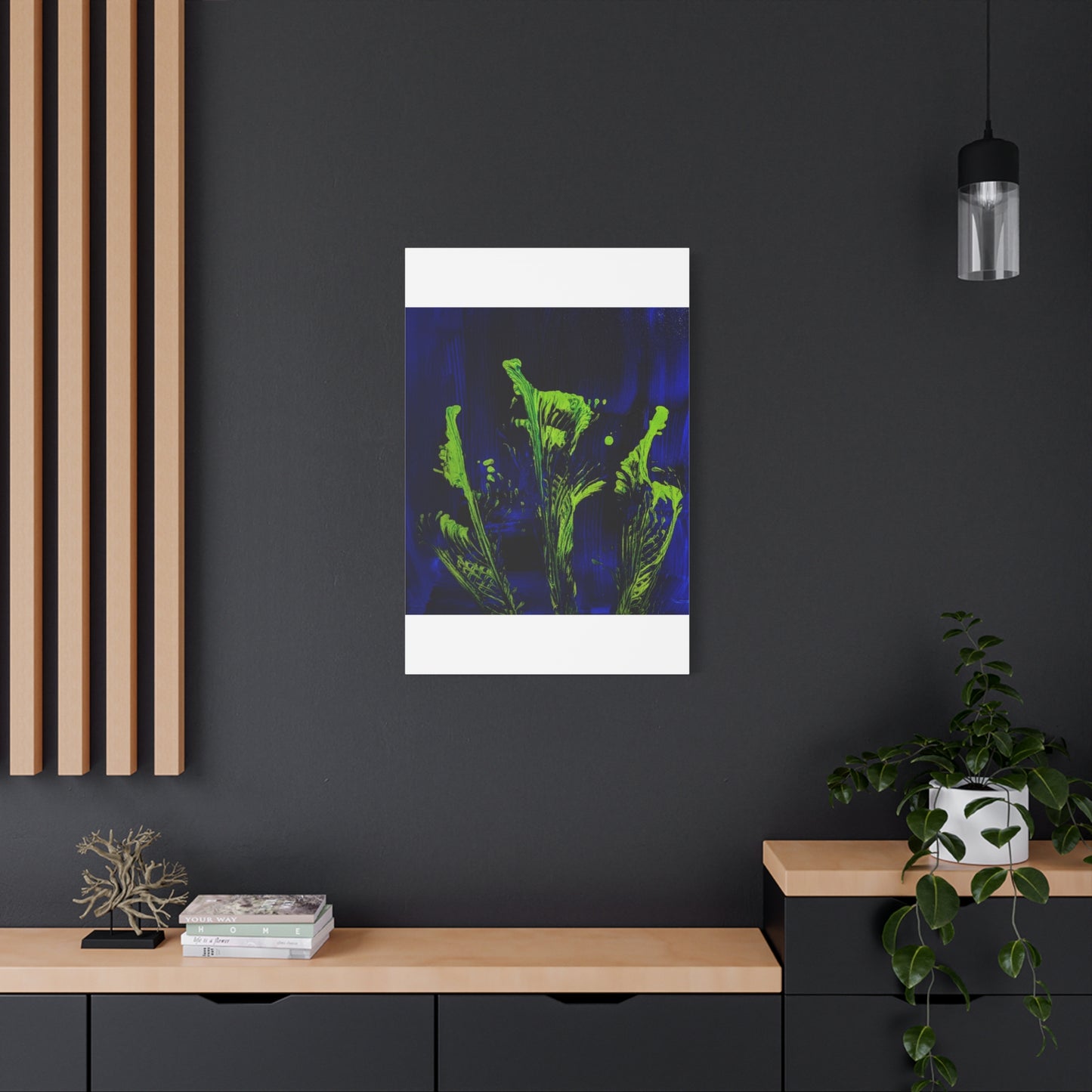calla_lillies_pt.2 - Neon Floral Abstract Canvas Print — Blue & Lime Stretched Wall Art