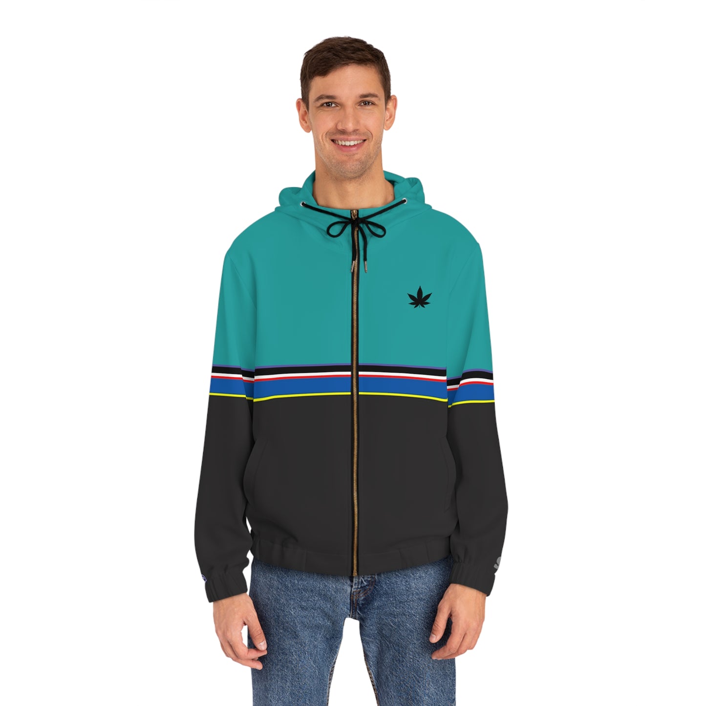shark_city :: Teal & Black Stripe Zip Hoodie with Minimal Leaf Logo