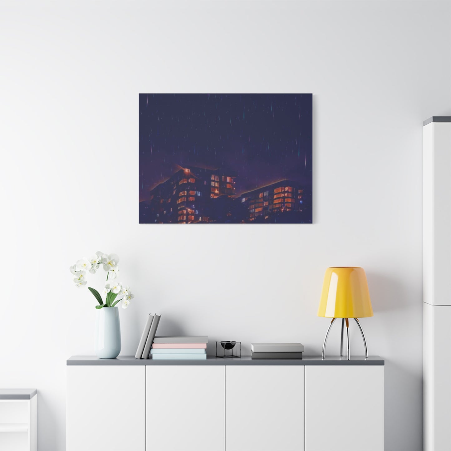 Neon Percipitation @ night - Canvas Print — Moody Urban Wall Art