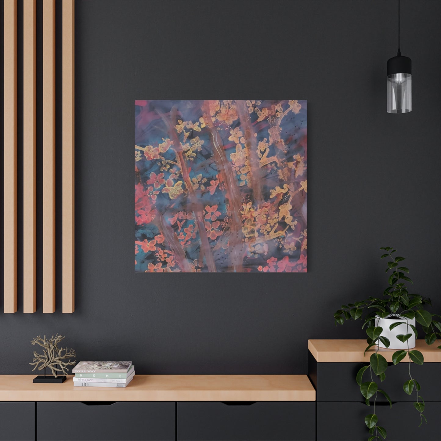 Abstract Floral Canvas Print — Moody Pink & Blue Stretched Wall Art