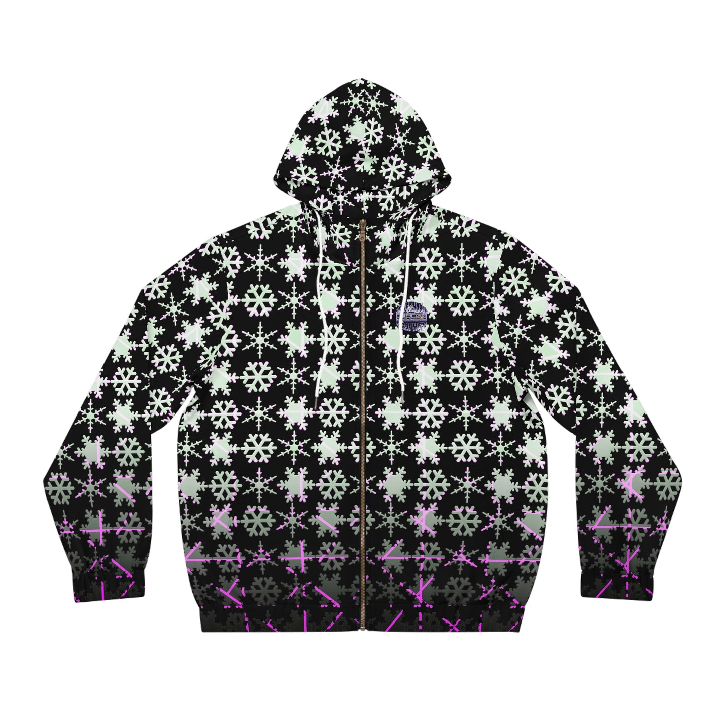 Snowflake Pattern Full-Zip Hoodie — Black & Purple Winter Zip-Up