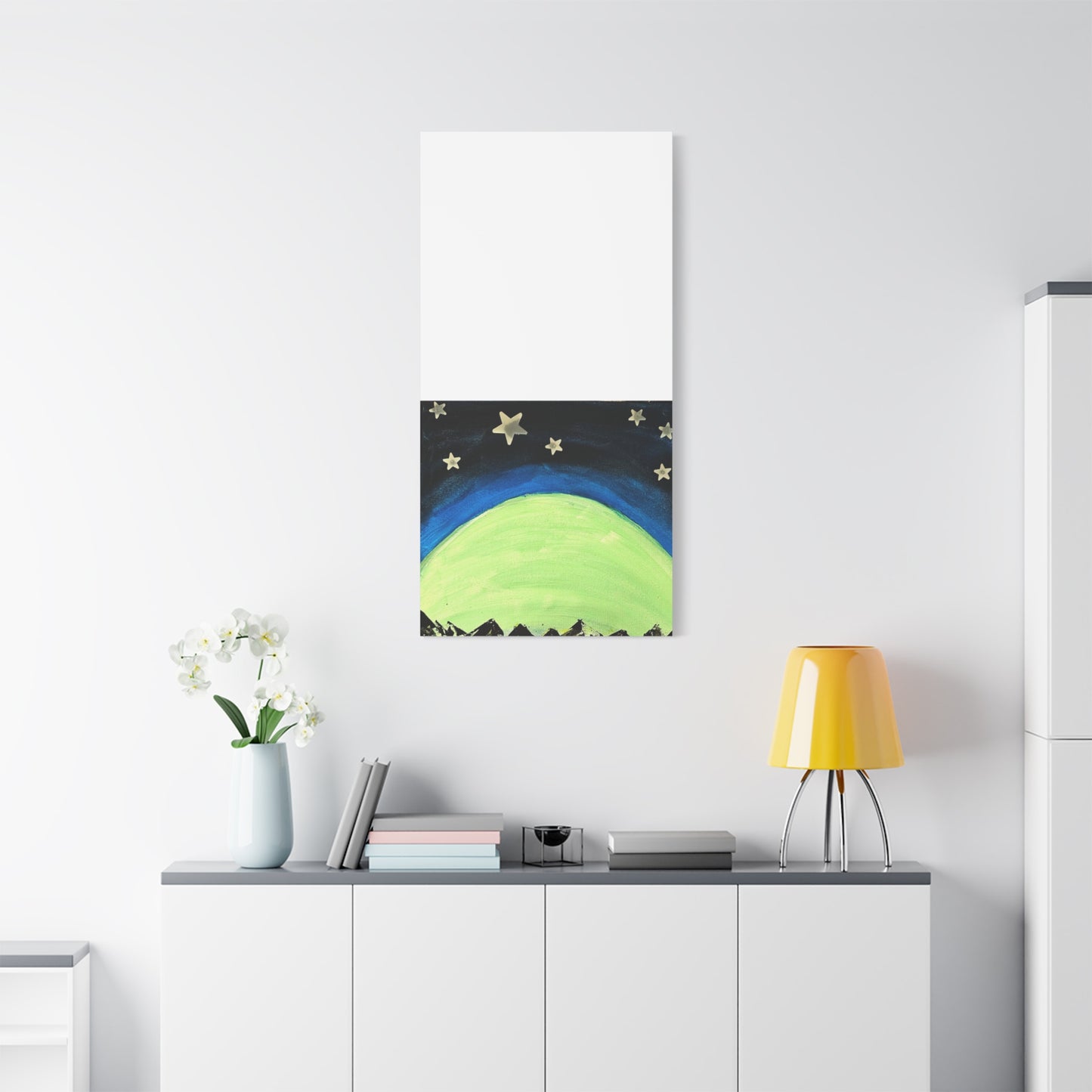 Green Moonrise Canvas Wall Art – Mountain Silhouette Nightscape